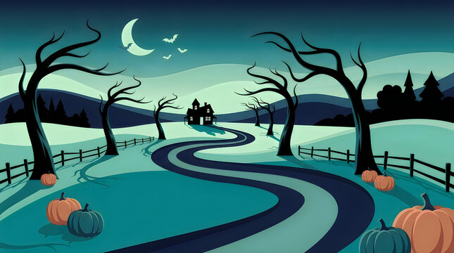 Spooky haunted house with winding road and pumpkins in a dark moonlit forest at night isolated on transparent background, Vector