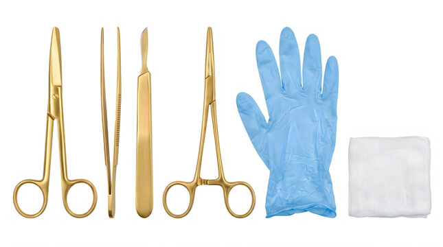 Medical tools and gloves on a clean surface