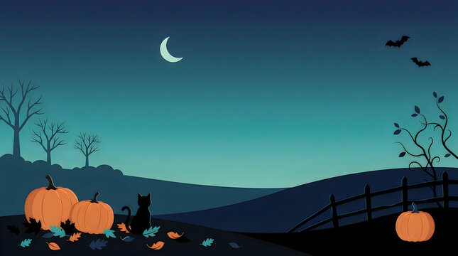 Black cat sitting with pumpkins in a spooky night landscape under a crescent moon for halloween isolated on transparent background, Vector