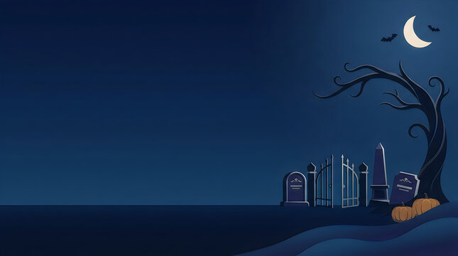 Spooky halloween graveyard with a creepy dead tree and pumpkins under a glowing crescent moon isolated on transparent background, Vector