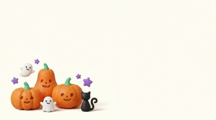 Fototapeta premium Cute miniature halloween decorations featuring orange pumpkins a small black cat and friendly ghosts on a plain white background
