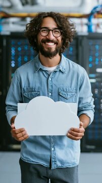 It professional holding a cloud symbol in a server room for cloud computing banner and technology background design