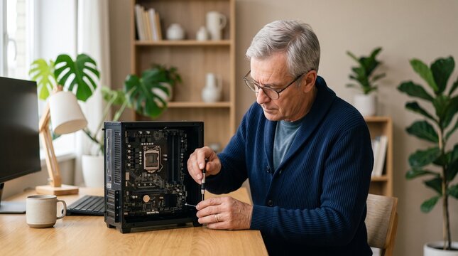 Senior man assembling custom desktop computer hardware at home desk.