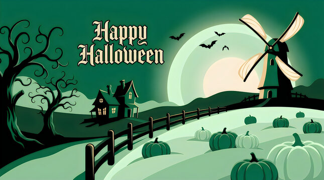 Happy halloween greeting card with a spooky haunted house and a windmill in a pumpkin field isolated on transparent background, Vector