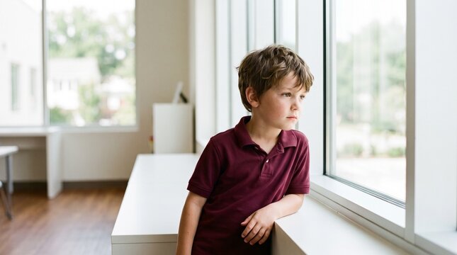 Young boy looking out window thoughtfully in bright modern room.