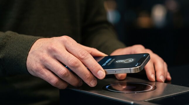 Man using smartphone as digital room key on contactless hotel lock reader.