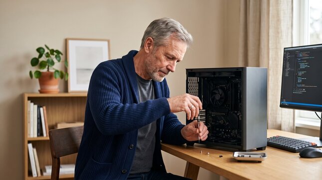 Senior man repairing desktop computer with screwdriver in home office.