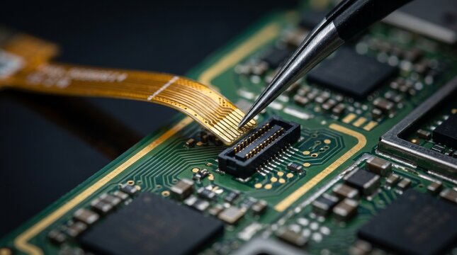 Technician using precision tweezers to repair ribbon cable on circuit board.