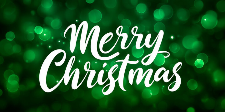 Merry Christmas Text Typography on Blurred Green Festive Background