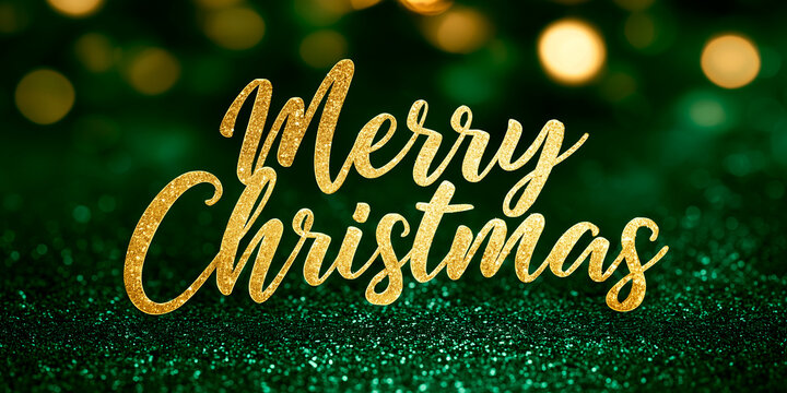 Merry Christmas Text Typography on Blurred Green Festive Background
