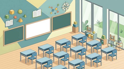 Fototapeta premium Isometric empty classroom interior with blue desks and chairs, white and green chalkboards, geometric shapes, and a compass rose on the wall