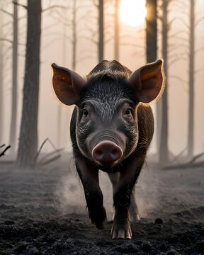 A  giant forest hog piglet in smoldering ash plains