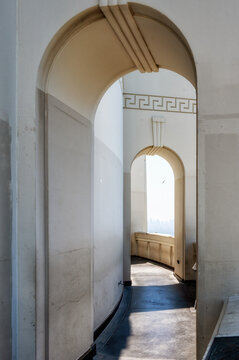 Arched corridor at Griffith Observatory overlooking Los Angeles, California, USA