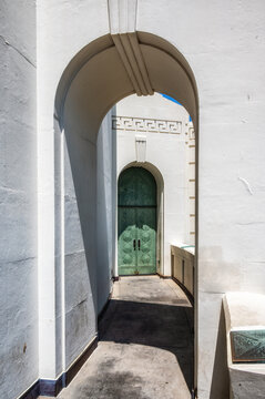 Arched corridor at Griffith Observatory overlooking Los Angeles, California, USA
