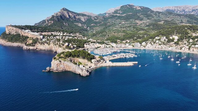 aerial view of Port Soller harbour, Mallorca at summer, Spain