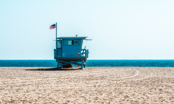 Lifeguard station on the beach, Santa Monica, California.