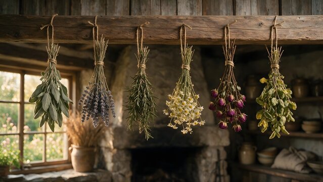 Dried herb bundles hanging neatly from rustic wooden ceiling beam. Rustic kitchen concept