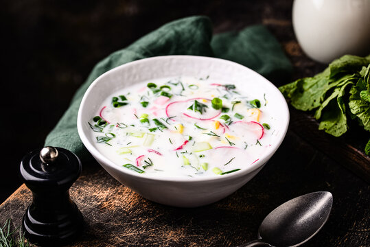 Okroshka traditional summer Russian cold soup with radish and ayran