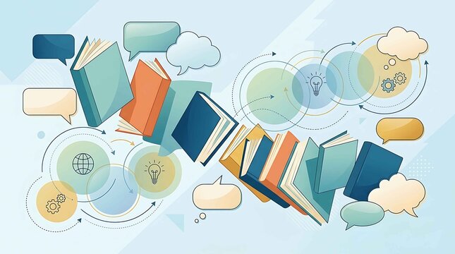 Conceptual Illustration of Education and Knowledge Sharing: Books, Lightbulbs, Gears, Speech Bubbles, and Global Network Icons on Abstract Background