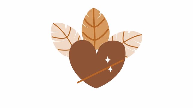 Brown heart with autumn feathers cartoon animation in boho style isolated on an alpha channel for fall season design icon and decorative Thanksgiving element concept.