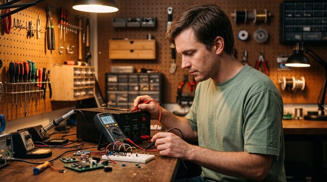 Man testing electronic circuit with digital multimeter on workshop workbench.