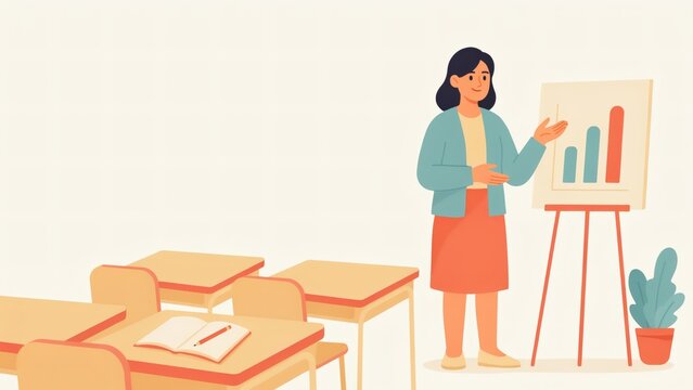Professional female educator presenting data trends before empty classroom desks in flat vector design style with female teacher standing while gesturing towards