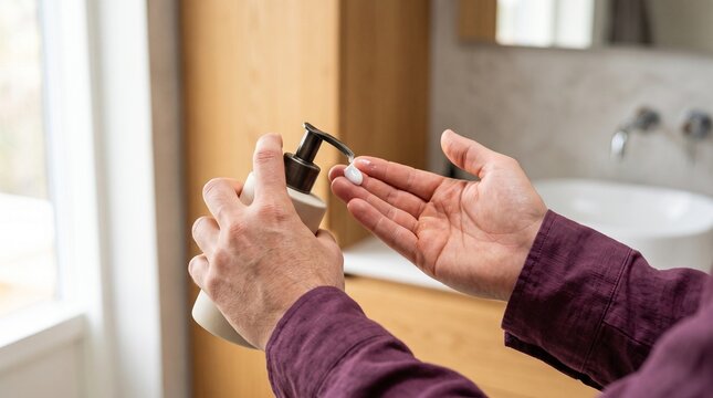 Man dispensing skincare lotion from pump bottle onto hand in bright modern bathroom.