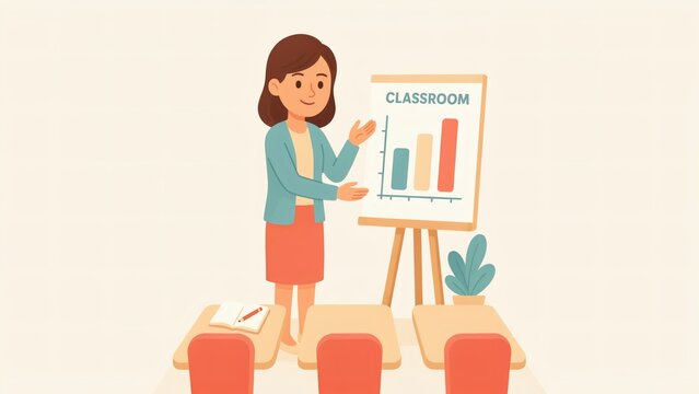 Female teacher explaining bar chart data inside classroom setting with cartoon instructor gesturing toward whiteboard graph within school environment