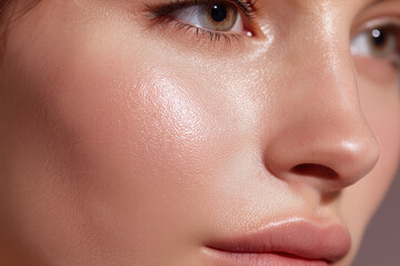 Naklejka premium Close up skin texture with smooth luminous complexion highlighting cheek, nose and eye area in soft natural light conveying healthy glow and delicate makeup