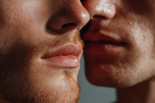 Close up portrait of two men with glowing skin and contrasting texture, intimate moment showing lips, stubble and soft lighting conveying closeness and tenderness