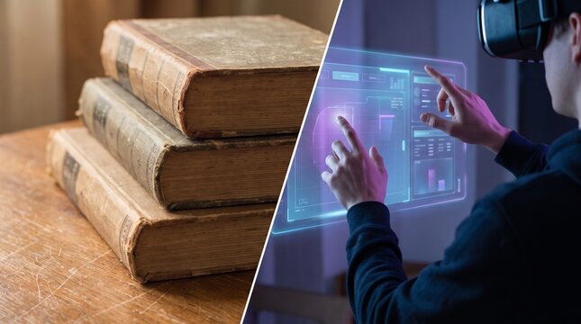 Split Screen Comparison of Vintage Old Books and Futuristic Holographic Virtual Reality Learning. Comparing books and holographic. Vintage Books Versus Holographic Virtual Reality