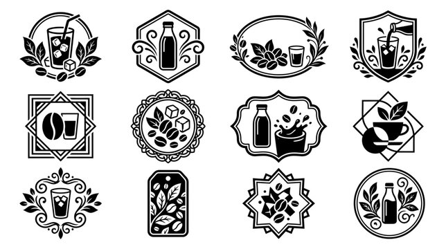 Set of twelve vintage style organic product labels featuring botanical illustrations and decorative frames for natural cosmetics or herbal tea isolated on transparent background