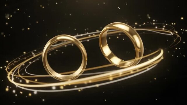 Golden Wedding Rings Interlocking Motion Background, Elegant 3D Pair of Gold Bands Rotating with Light Rays and Glowing Particles, Luxury Marriage and Anniversary Concept Animation, 4K