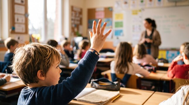 Child raising hand to ask a question during classroom lesson. Student participation, active learning, education and discussion concept with classmates in a bright school environment.