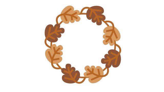 Autumn oak leaf circular wreath cartoon animation with brown and tan leaves icon isolated on an alpha channel for fall season symbol and decorative Thanksgiving element concept.