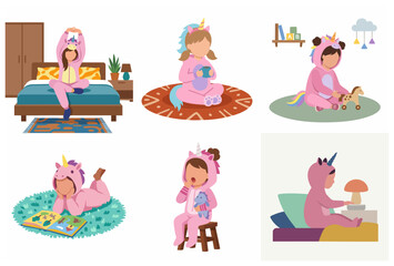 Fototapeta premium Collection of cute girl in unicorn pajama onesie flat vector illustration for daily routine concept