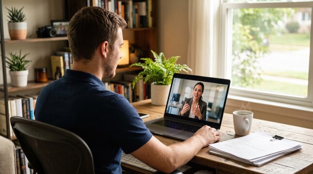 Man participating in remote job interview with woman on laptop at home office. Professional recruitment conversation and virtual hiring meeting using digital technology.