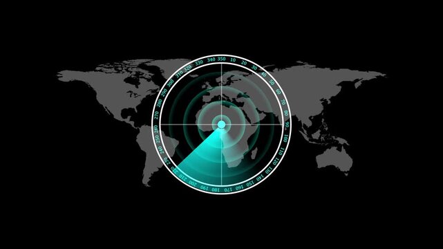Digital radar scanner over map animation, futuristic hud technology interface for global tracking and data monitoring