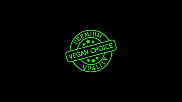 Vegan choice stamp animation, green neon circular badge for healthy food branding and sustainable lifestyle marketing