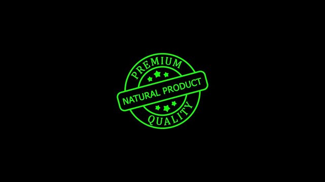 Natural product neon stamp motion on black background, seal badge