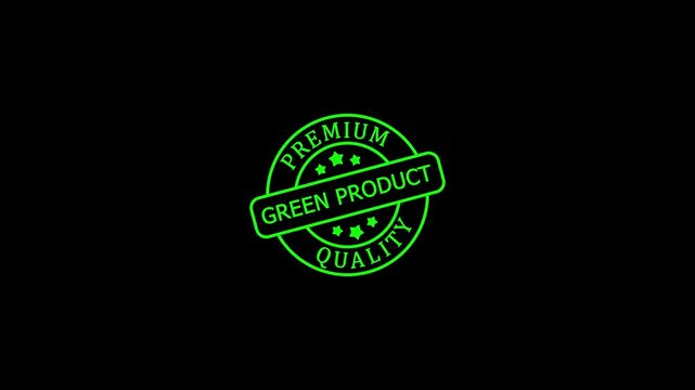 Green product stamp animation, eco-friendly certification badge, sustainable branding motion on black background