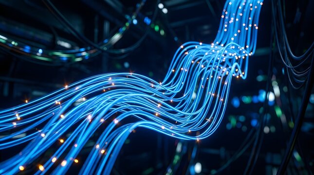 Glowing blue fiber optic cables in a dark server room network