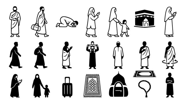 Hajj and Umrah Pilgrims People Icon Set with Kaaba and Camel Vector