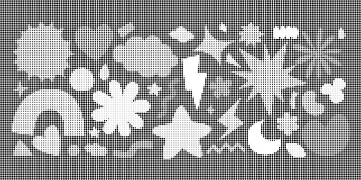 Set of various handdrawn doodle shapes with halftone texture effect
