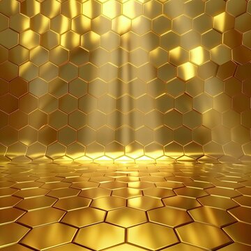Gold hex pattern with spotlight and empty product area.