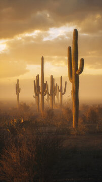 Cacti and other succulent plants in arid desert landscape under a sunset sky with clouds. 3D render.