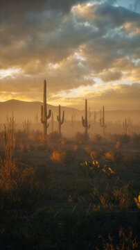 Cacti and other succulent plants in arid desert landscape under a sunset sky with clouds. 3D render.