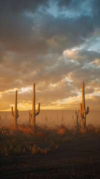 Cacti and other succulent plants in arid desert landscape under a sunset sky with clouds. 3D render.