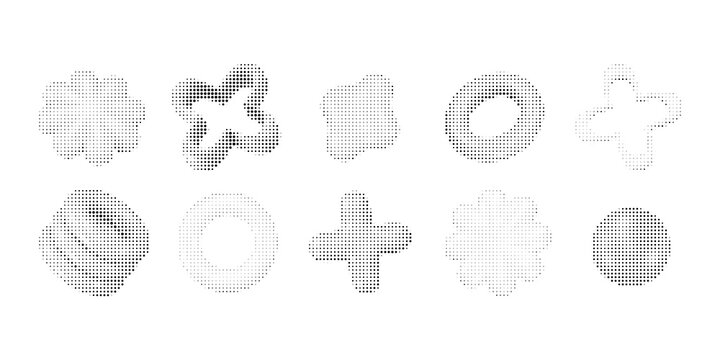 Set of abstract halftone shapes, geometric elements with dot pattern, vector design assets for graphic projects