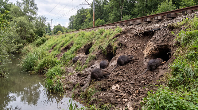 Nutria (Myocastor coypus)v build homes near a riverbank and a railway track in the daytime Generative AI